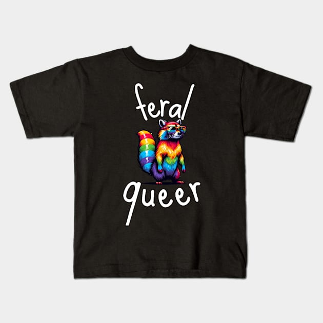 Feral Queer Rainbow LGBT Pride Raccoon Kids T-Shirt by Lavender Celeste